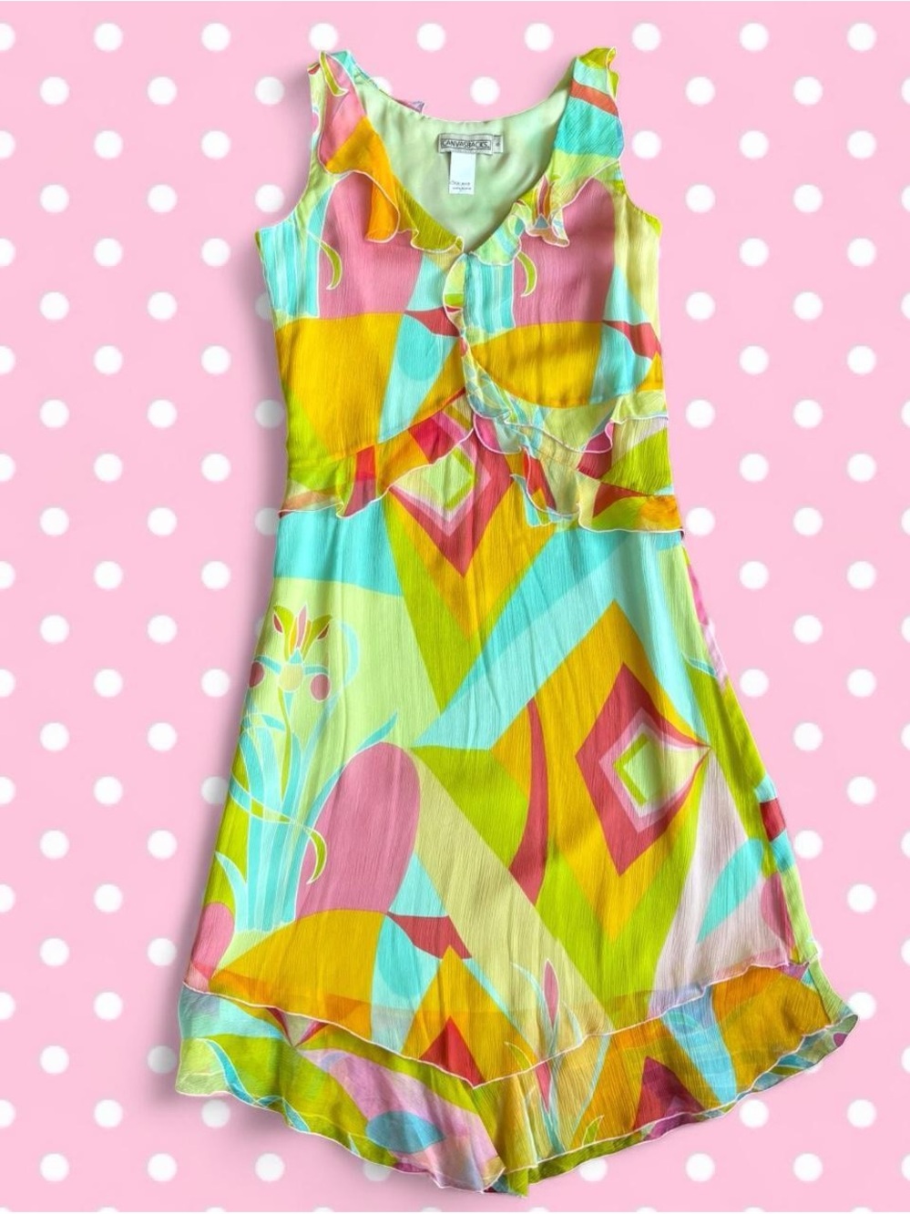 American Vintage Multicolor Yellow Pink Blue Geometric Ruffle Midi Dress (Silk)